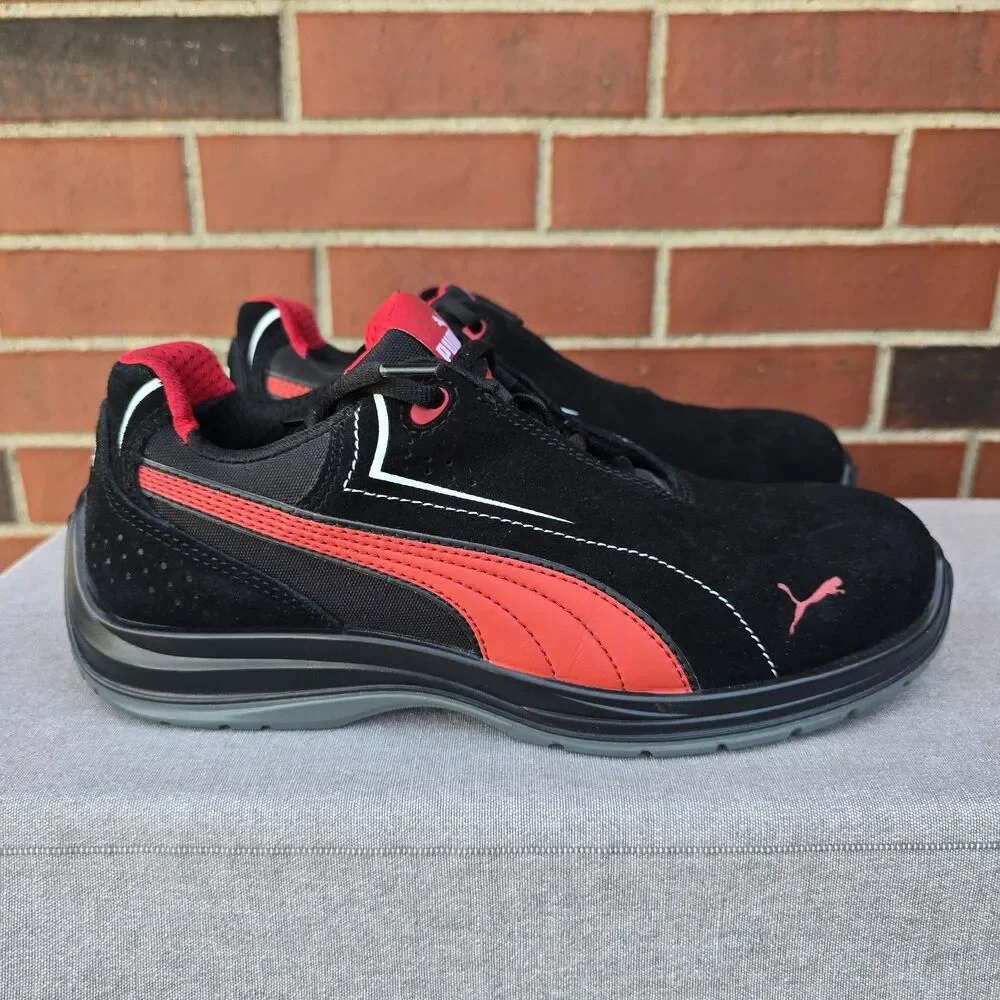 PUMA Safety Touring Black Suede W/ Red, Low Top, ASTM EH Size 9.5 Slip Resistant